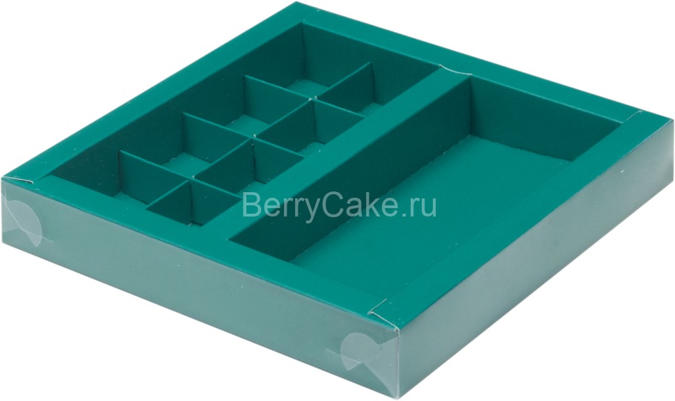 Коробка с вклеенным окном для  конфет 200*200*30мм (8)+для  шоколад.плитки 160*80мм (зеленая  матовая) (Рук)