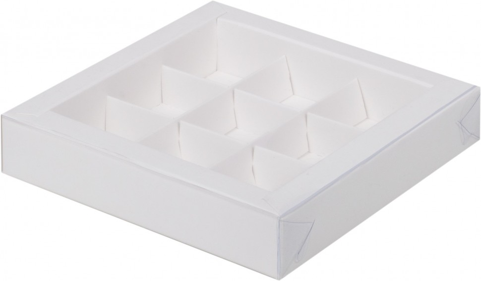 Коробка для конфет с пластиковой крышкой 155*155*30 мм (9) (белая) (РУК)