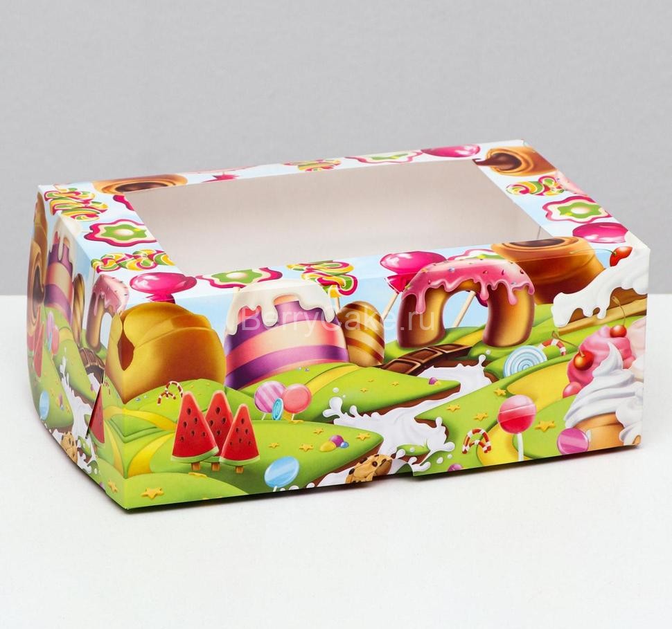 Упаковка на 6 капкейков с окном,"Городок сладостей", 25 х 17 х 10 см