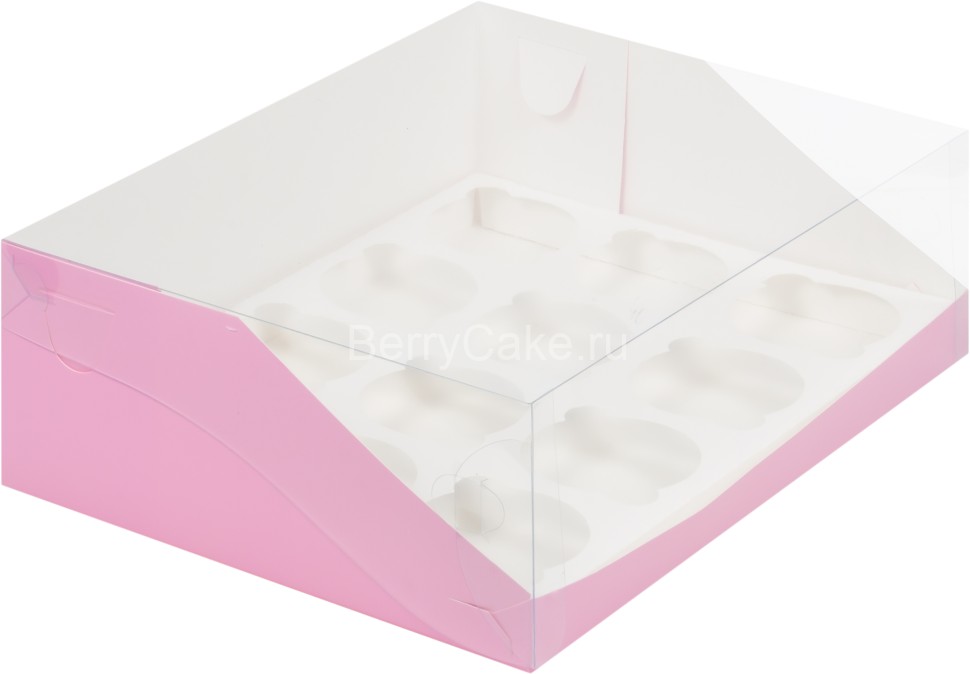 Коробка под капкейки с пластиковой крышкой 310*235*100 мм (12) (розовая матовая)