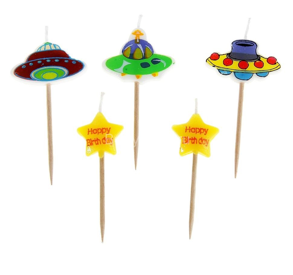 Свечи восковые для торта "С Днем Рождения - звёздочки и летающие тарелки" (набор 5 шт)